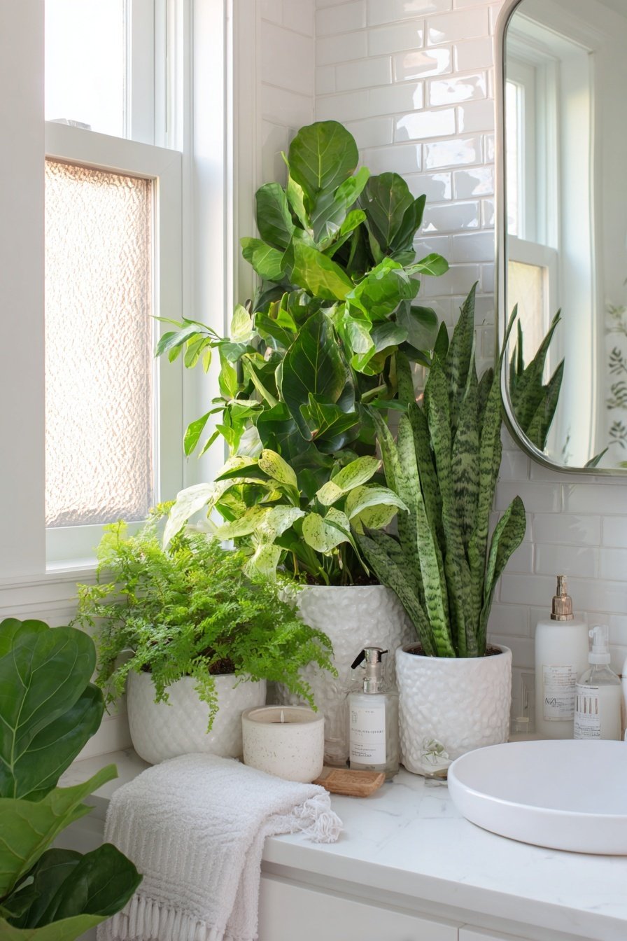 Pflanzenarrangement im hellen Gäste-WC mit weißen Fliesen und Waschtisch