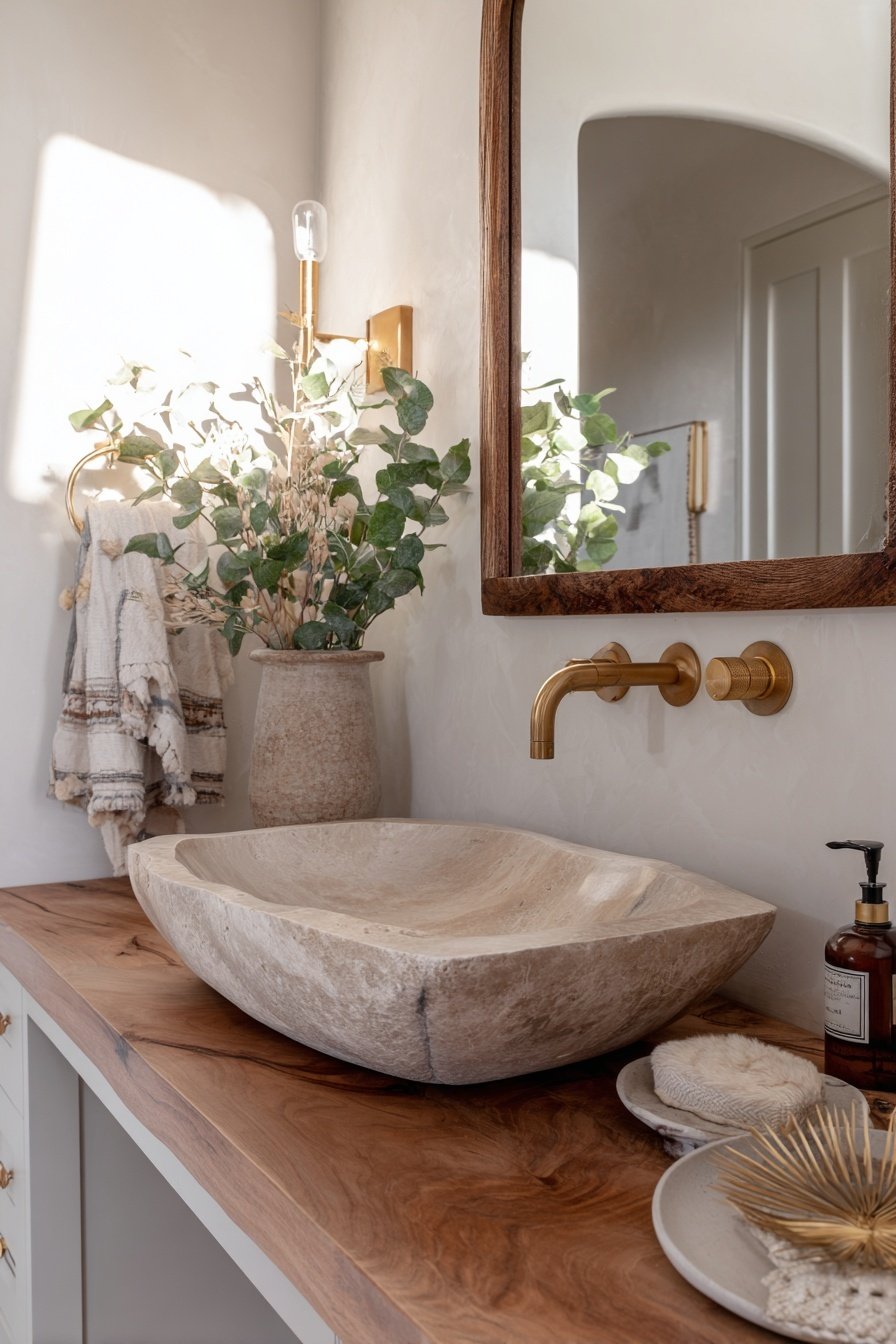 Steinwaschbecken mit goldener Armatur auf Holzplatte in kleinem Gäste-WC