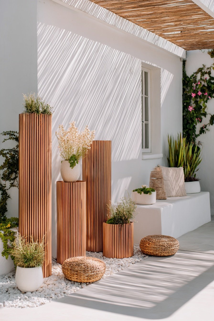 Hof mit weißen Wänden, Holzdeko, Pflanzen und Sitzkissen auf Kies