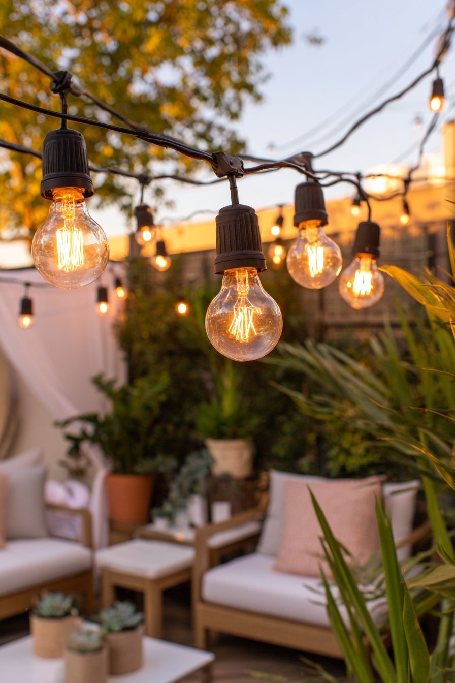 Lichterkette über gemütlicher Hof-Lounge mit Pflanzen und Sitzmöbeln