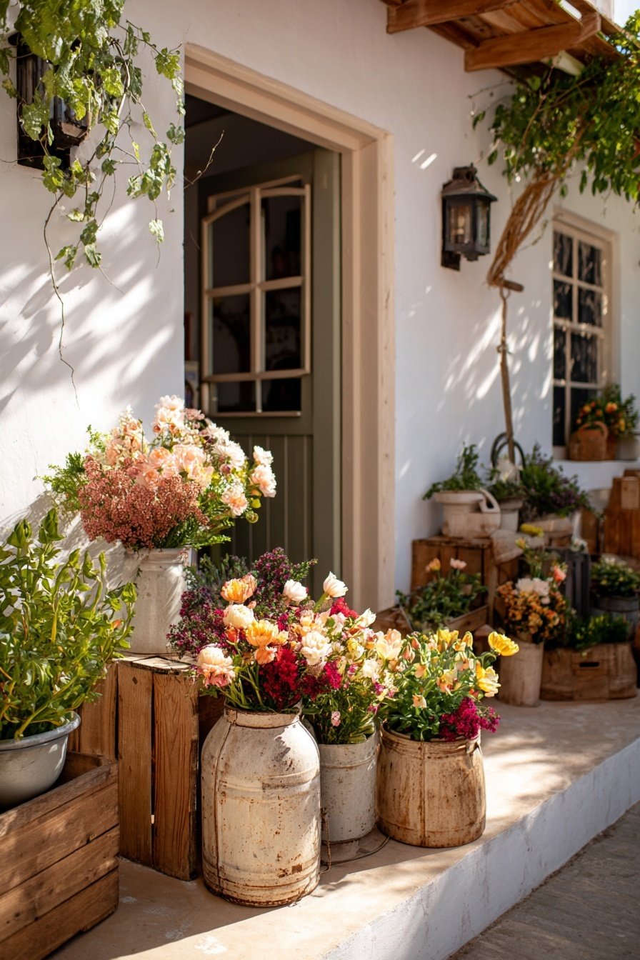 Bunter Blumenschmuck in alten Milchkannen und Holzkisten vor einem Hauseingang im Innenhof