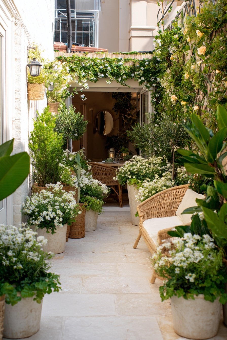 Blumenreicher, begrünter Innenhof mit Rattanmöbeln und mediterranen Pflanzen