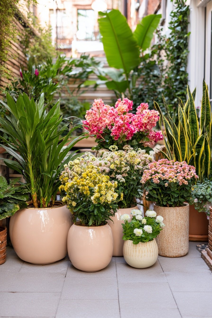 Verschiedenfarbige Blumen und grüne Pflanzen in stilvollen Töpfen auf einem kleinen Hof