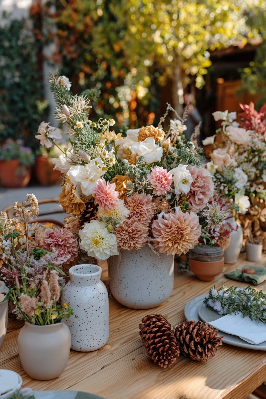 Tischdeko im Hof mit herbstlichen Blumen, Zapfen und Keramikvasen