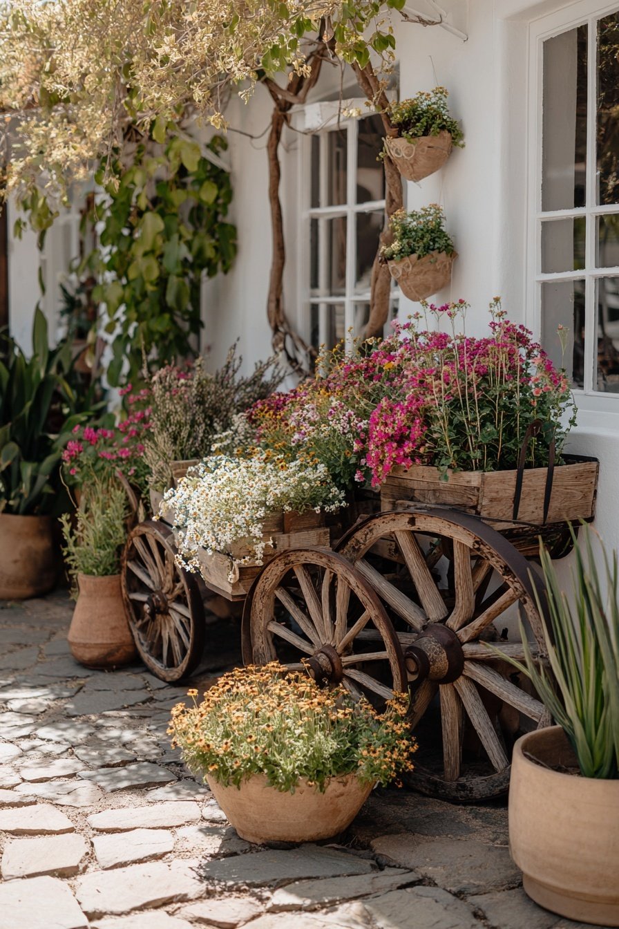 Holzwagen mit bunten Blumen vor weißer Hauswand