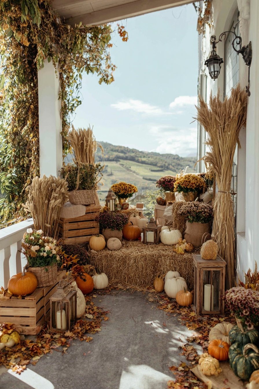 Hof geschmückt mit Kürbissen, Strohballen, Trockenblumen und Holzkisten im herbstlichen Stil