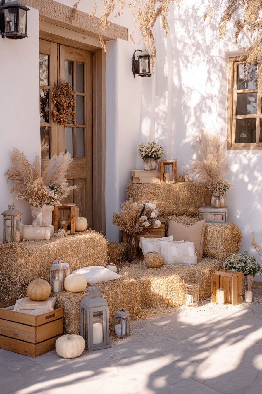 Mit Kürbissen, Heuballen und Trockenblumen dekorierter Hofeingang