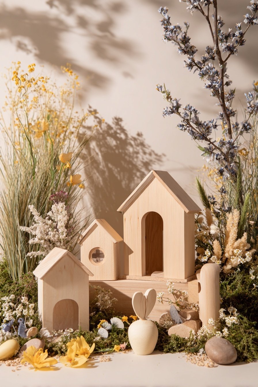 Holzhäuschen und Frühlingsblumen dekorativ arrangiert im Grünen