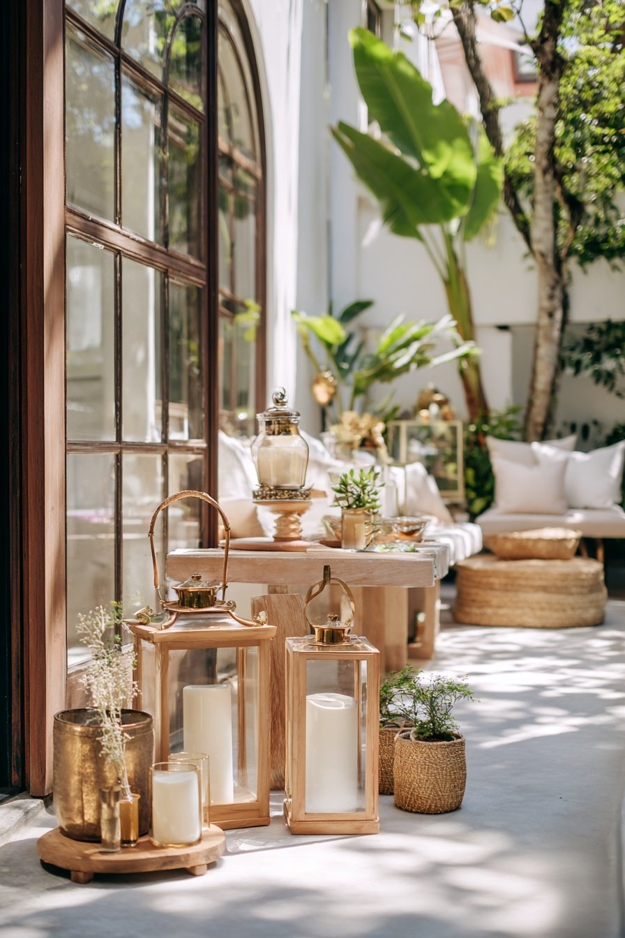 Holzlaternen, Pflanzen und Dekoelemente in einem sonnigen Innenhof