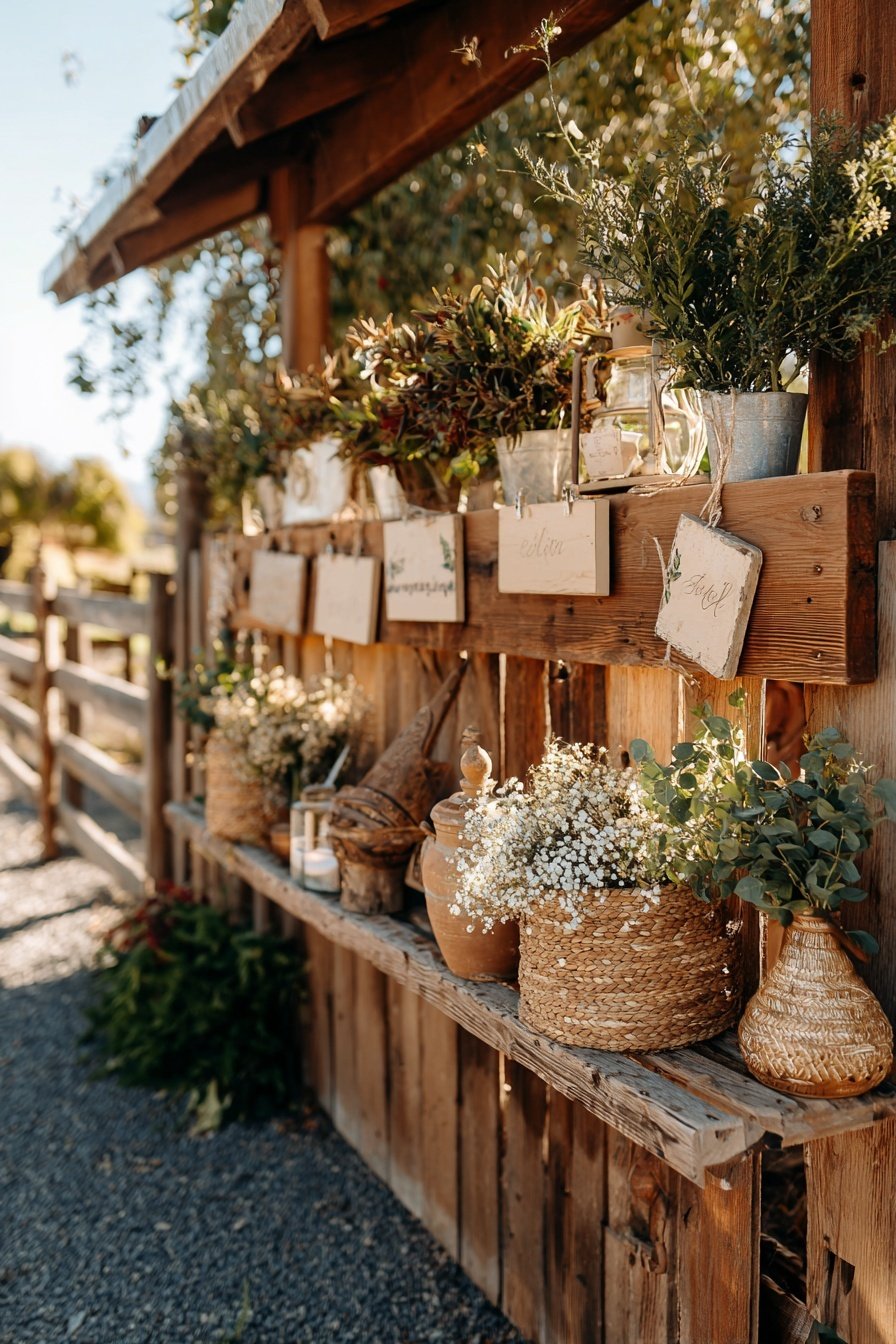 Dekoration aus Tonvasen, Kräutern und Holz an einem holzverkleideten Zaun