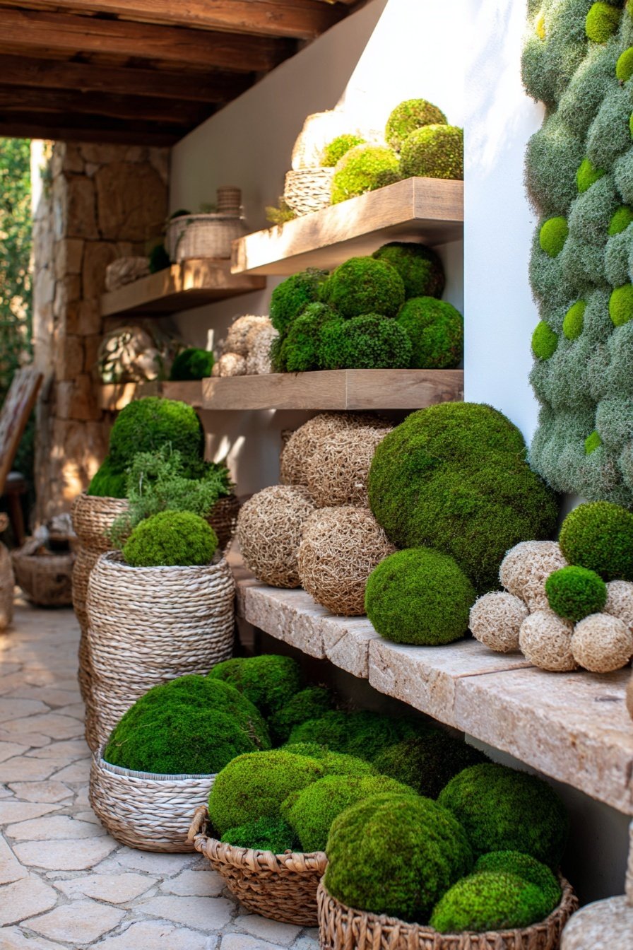 Kreative Moosdekoration mit Kugeln und Körben auf Natursteinboden