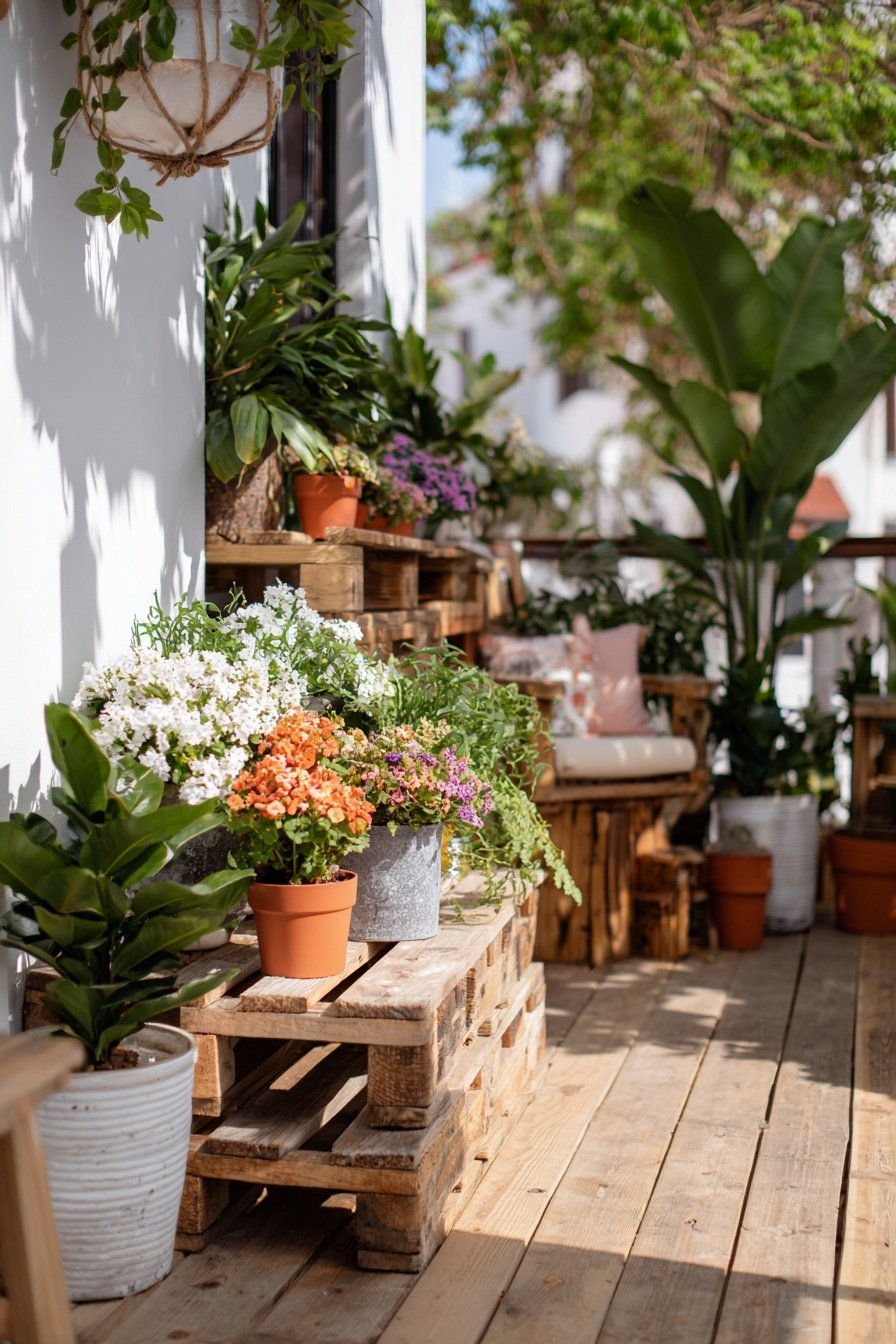 Holzpaletten mit bunten Blumentöpfen auf einem sonnigen Hof