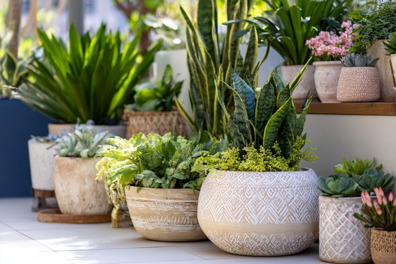 Verschiedene Pflanzen in dekorativen Töpfen auf einer Hofterrasse