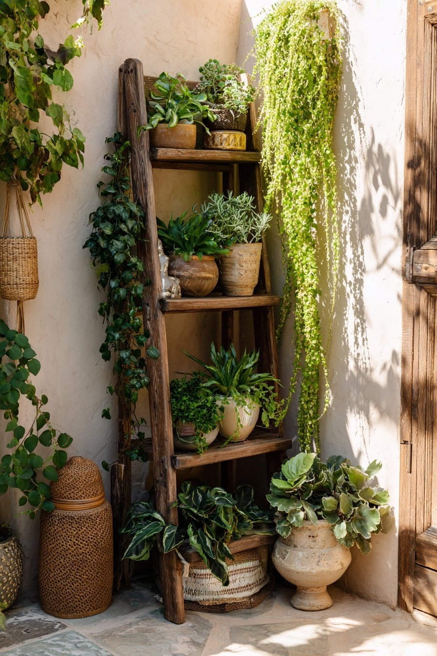 Holzleiter mit Blumentöpfen und Sukkulenten dekorativ im Hof aufgestellt
