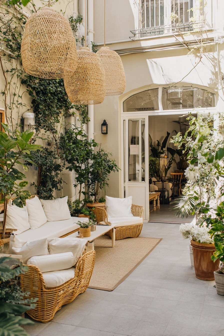 Ein einladend dekorierter Innenhof mit Rattanmöbeln, Pflanzen und Hängelampen