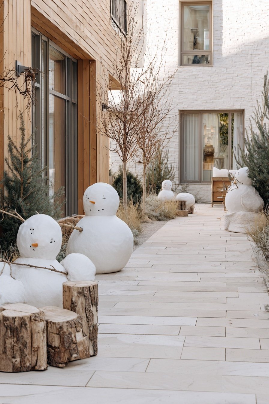 Dekorativer Hofweg mit Schneemännern und kleinen Tannen im Winter