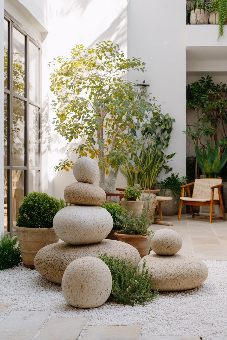 Gestapelte Natursteine in einem begrünten Innenhof mit mediterraner Bepflanzung