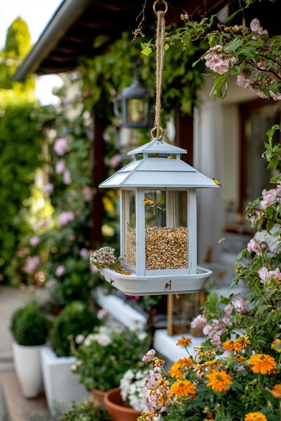 Hängendes Vogelhaus mit Vogelfutter zwischen bunten Blumen und Pflanzen im Hof