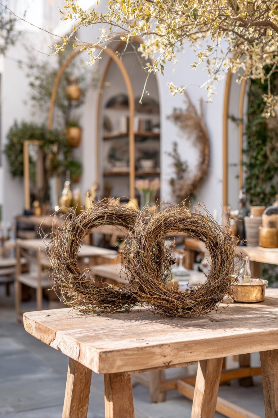 Zwei dekorative Kränze aus Zweigen auf einem Holztisch in einem liebevoll gestalteten Innenhof