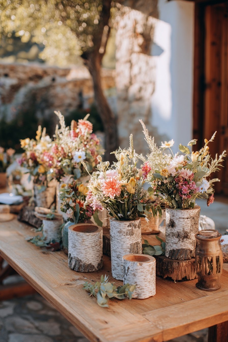 Holztisch mit rustikalen Birkenvasen und bunten Blumenarrangements