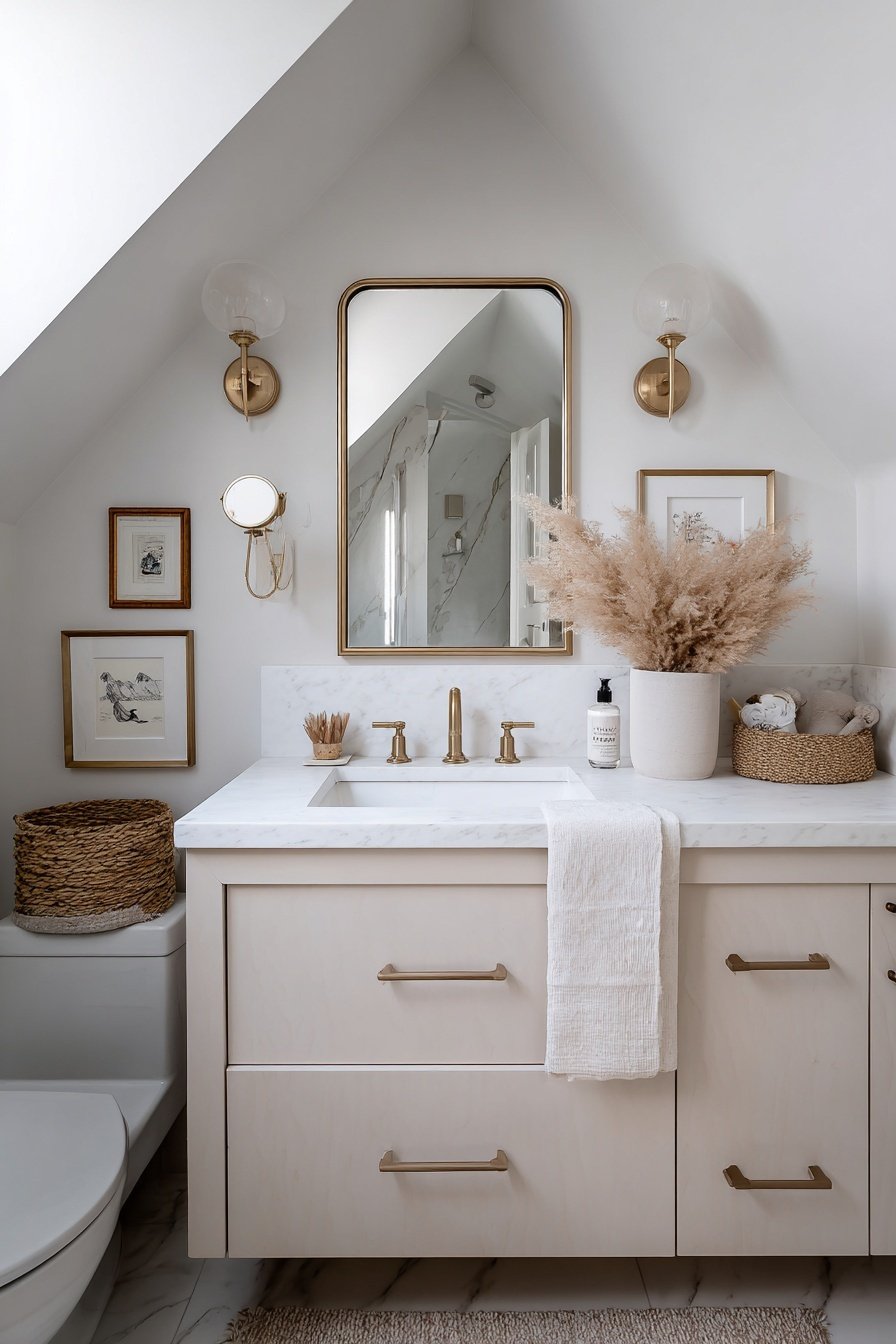 Modernes kleines Gäste-WC mit goldenen Armaturen, Naturdeko und schräger Decke