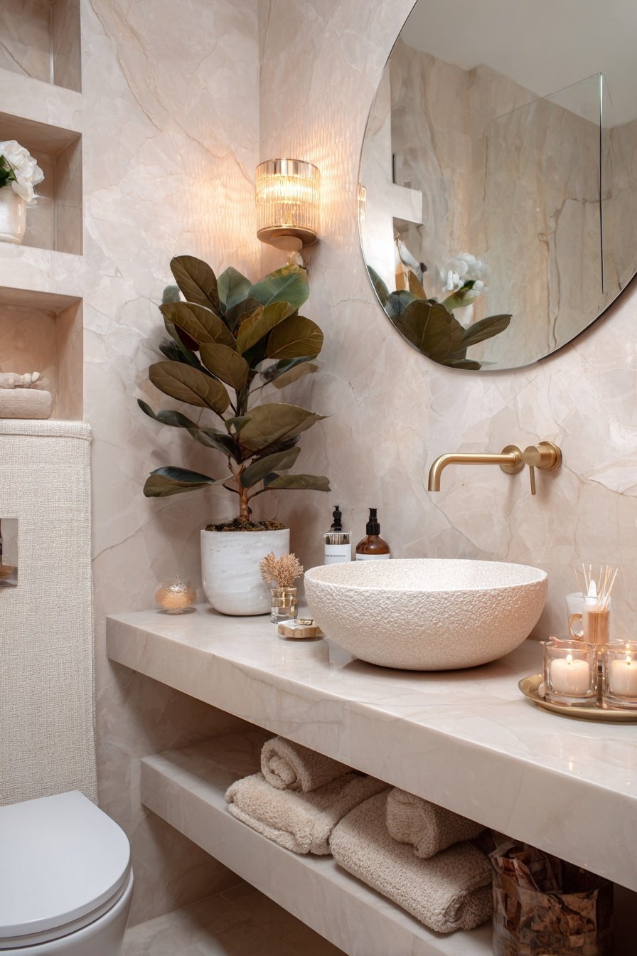 Modern gestaltetes kleines Gäste-WC mit Naturstein, runder Spiegel, Aufsatzwaschbecken und goldenen Details