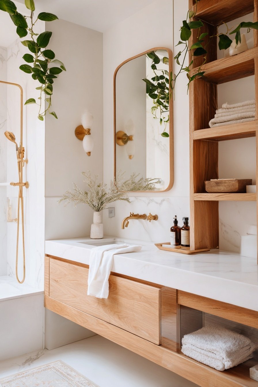 Modernes Gäste WC mit Holzdetails, goldenen Armaturen und Pflanzen