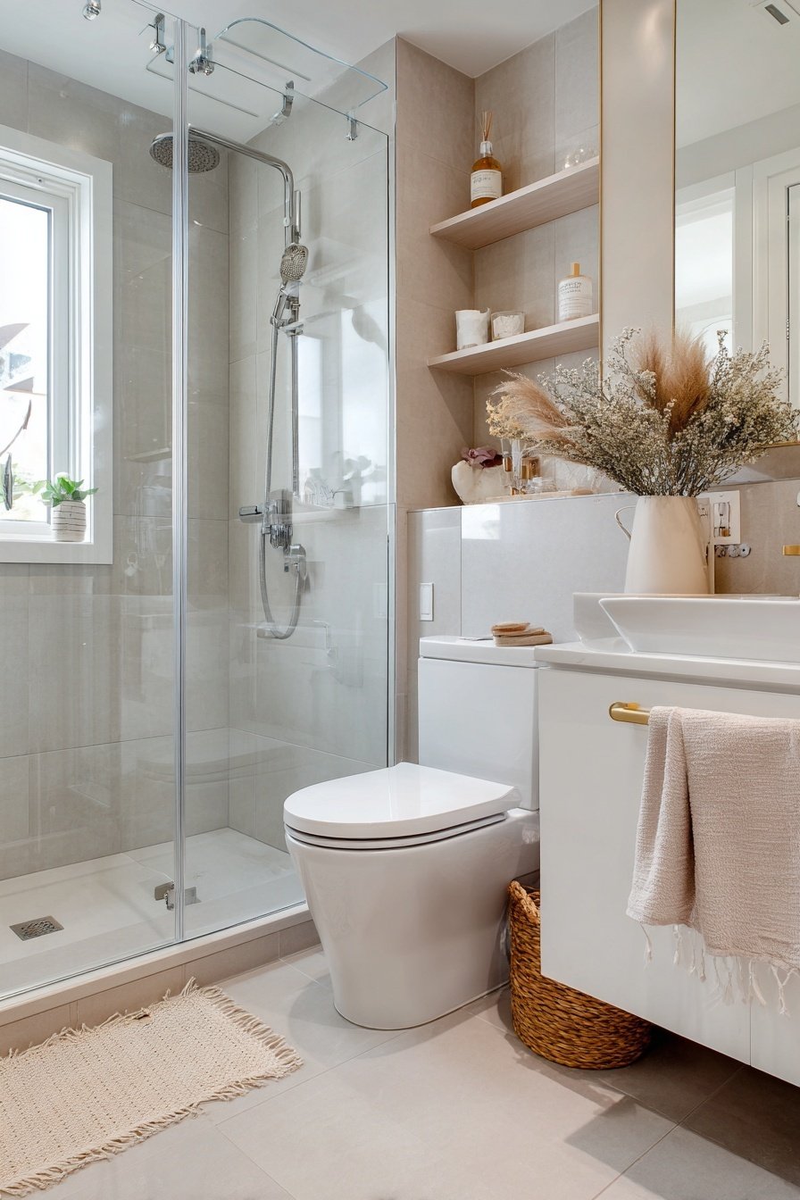 Kleines Gäste-WC mit Dusche, Hängewaschbecken, natürlicher Deko und Wandregalen