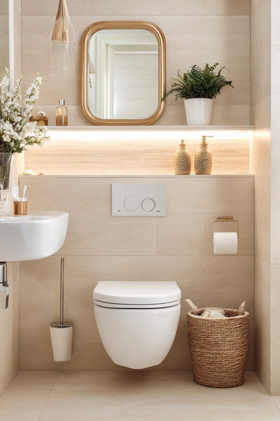 Kleines stilvoll eingerichtetes Gäste-WC mit goldenen Akzenten, Wandregal und Pflanzen