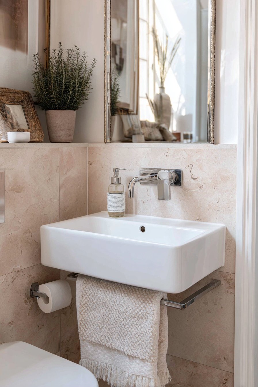 Modernes kleines Gäste-WC mit Wandwaschbecken, Naturtönen und Dekoelementen