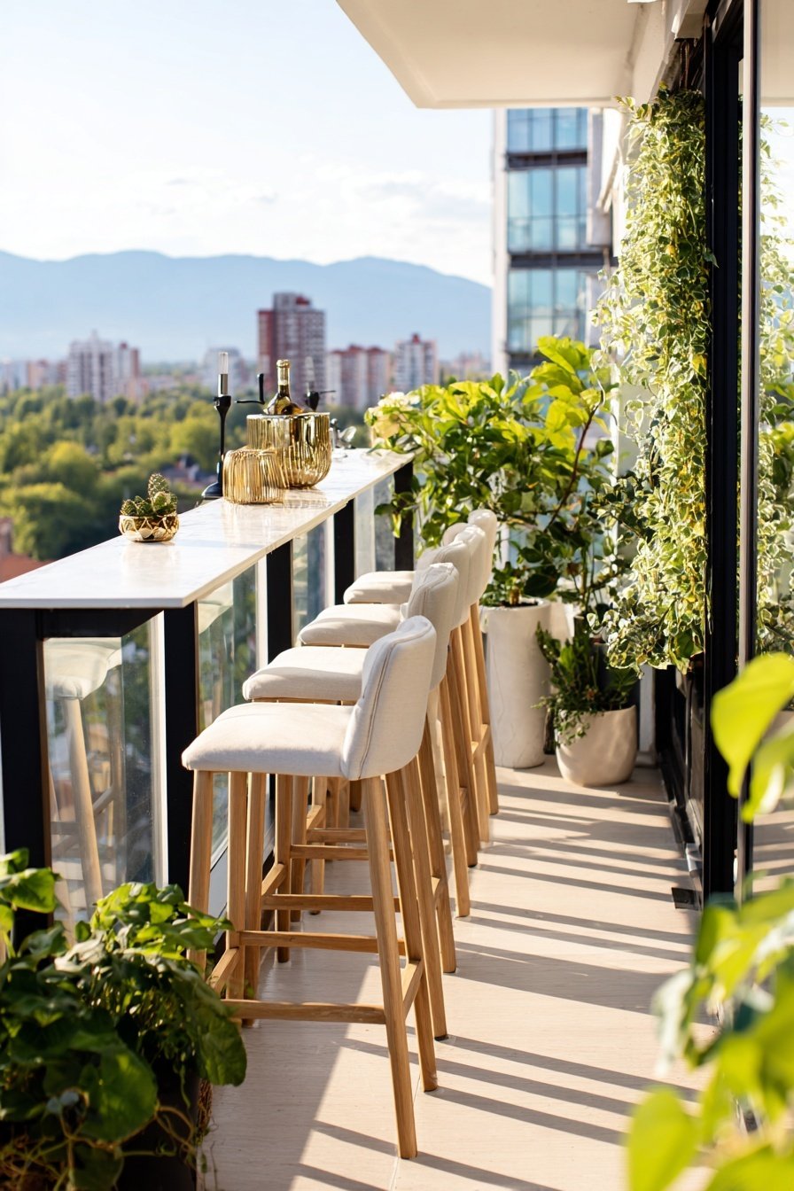 Moderner Balkon mit Barhockern, Pflanzen und Ausblick auf Stadt und Berge