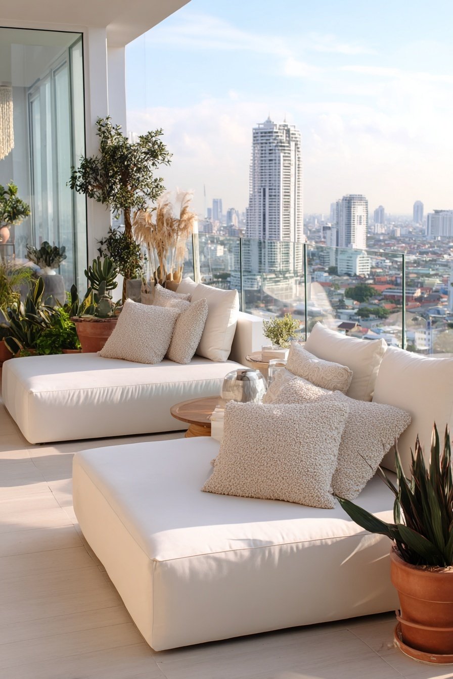 Heller Balkon mit weißen Loungemöbeln, vielen Pflanzen und Blick auf die Skyline