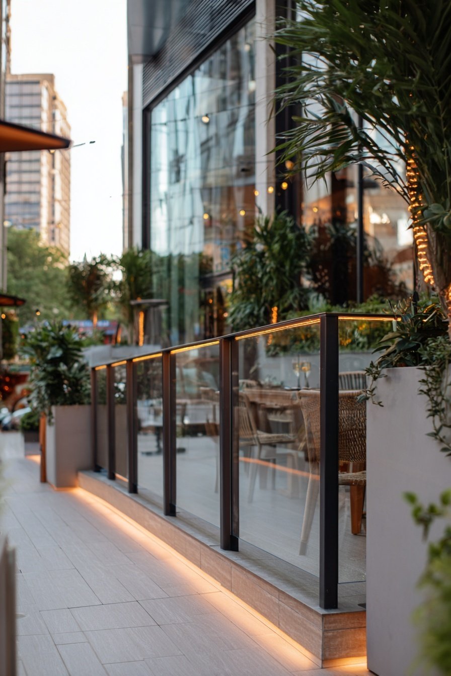 Stilvoll gestalteter Balkon mit Glasgeländer, LED-Beleuchtung und viel Grün