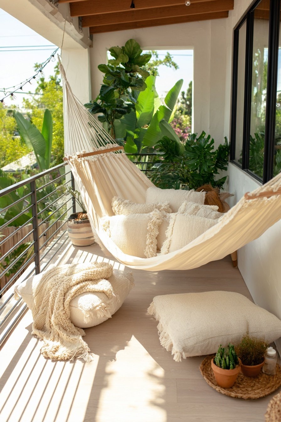 Gemütlicher Balkon mit Hängematte, Kissen, Pflanzen und Holzdetails