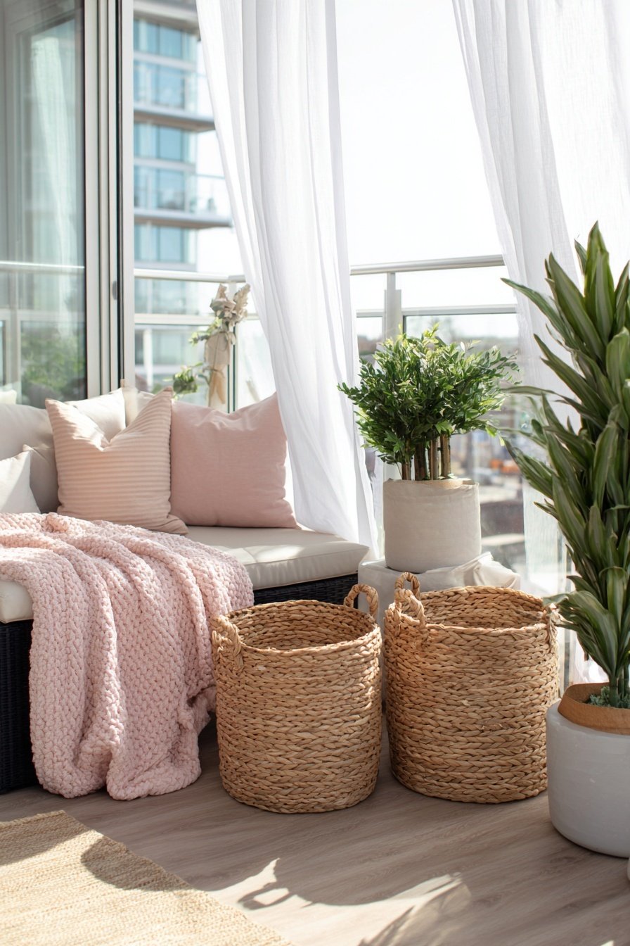 Heller Balkon mit Sofa, rosa Kissen, Decke, Pflanzen und Korbkörben