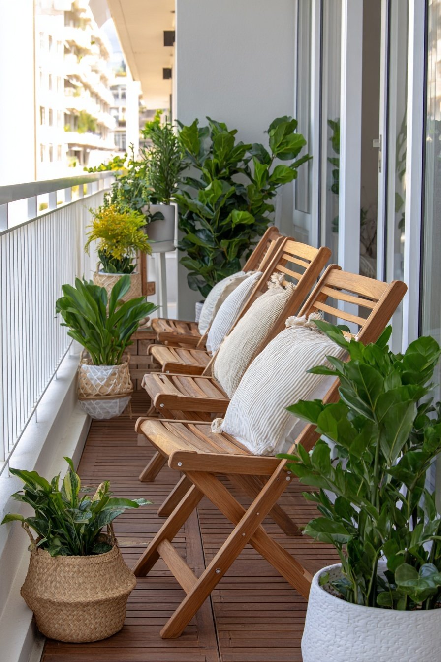 Moderner Balkon mit Holzmöbeln, Pflanzen und Kissen