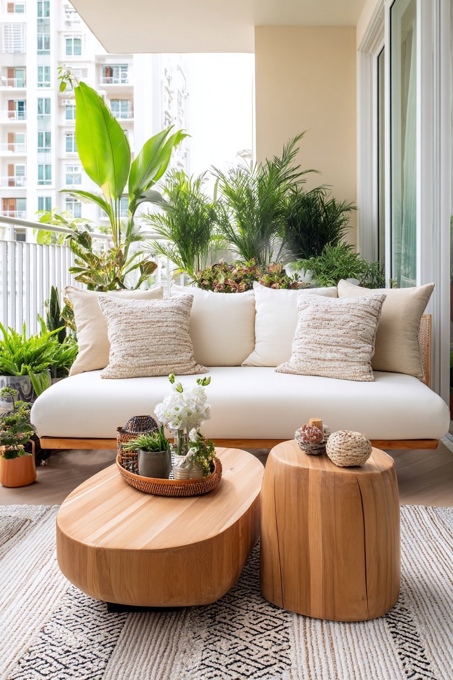 Ein stilvoll eingerichteter Balkon mit Holztischen, gemütlichem Sofa und vielen tropischen Pflanzen