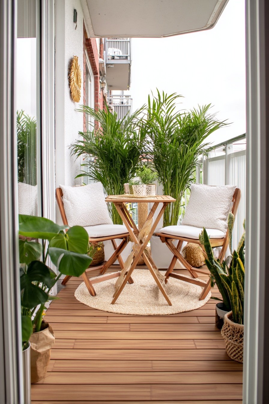 Moderner Balkon mit Holzstühlen, Tisch und vielen Grünpflanzen