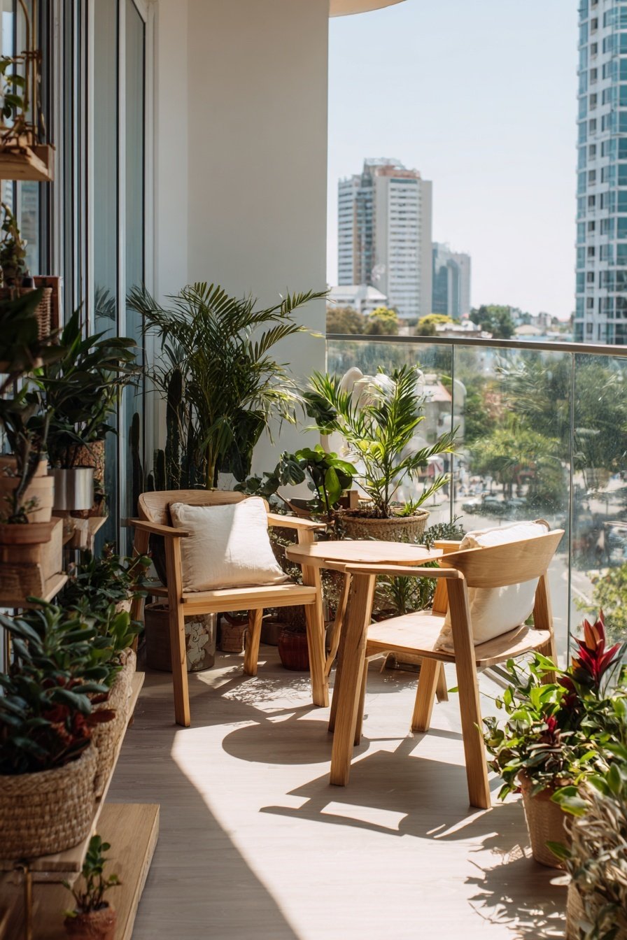 Moderner Balkon mit Holzmöbeln und vielen Pflanzen