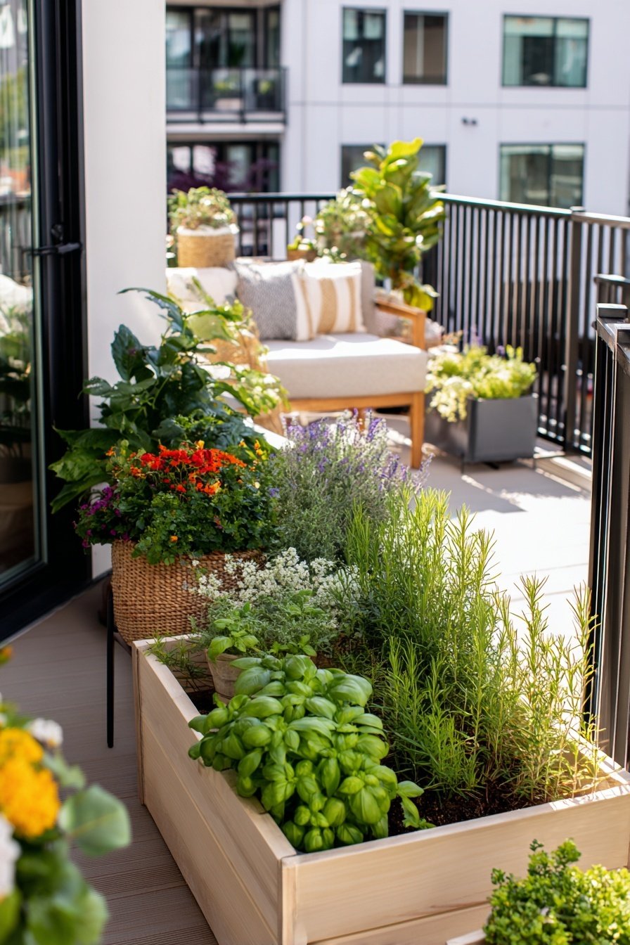 Moderner Balkon mit Kräuterbeet, Zierpflanzen und gemütlichem Sitzbereich