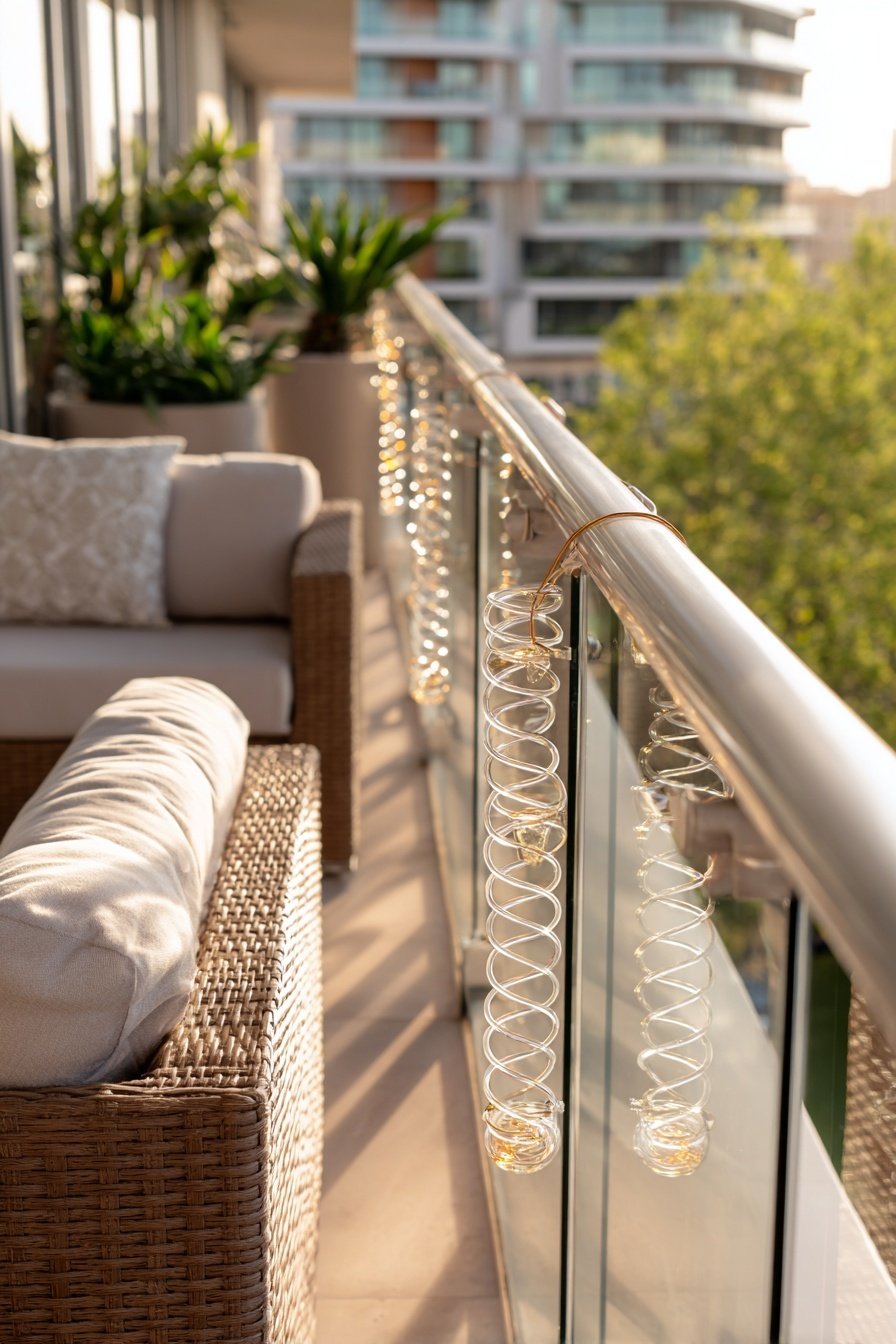 Gemütlicher Balkon mit Rattanmöbeln, Pflanzen und dekorativer Lichterkette bei Sonnenuntergang