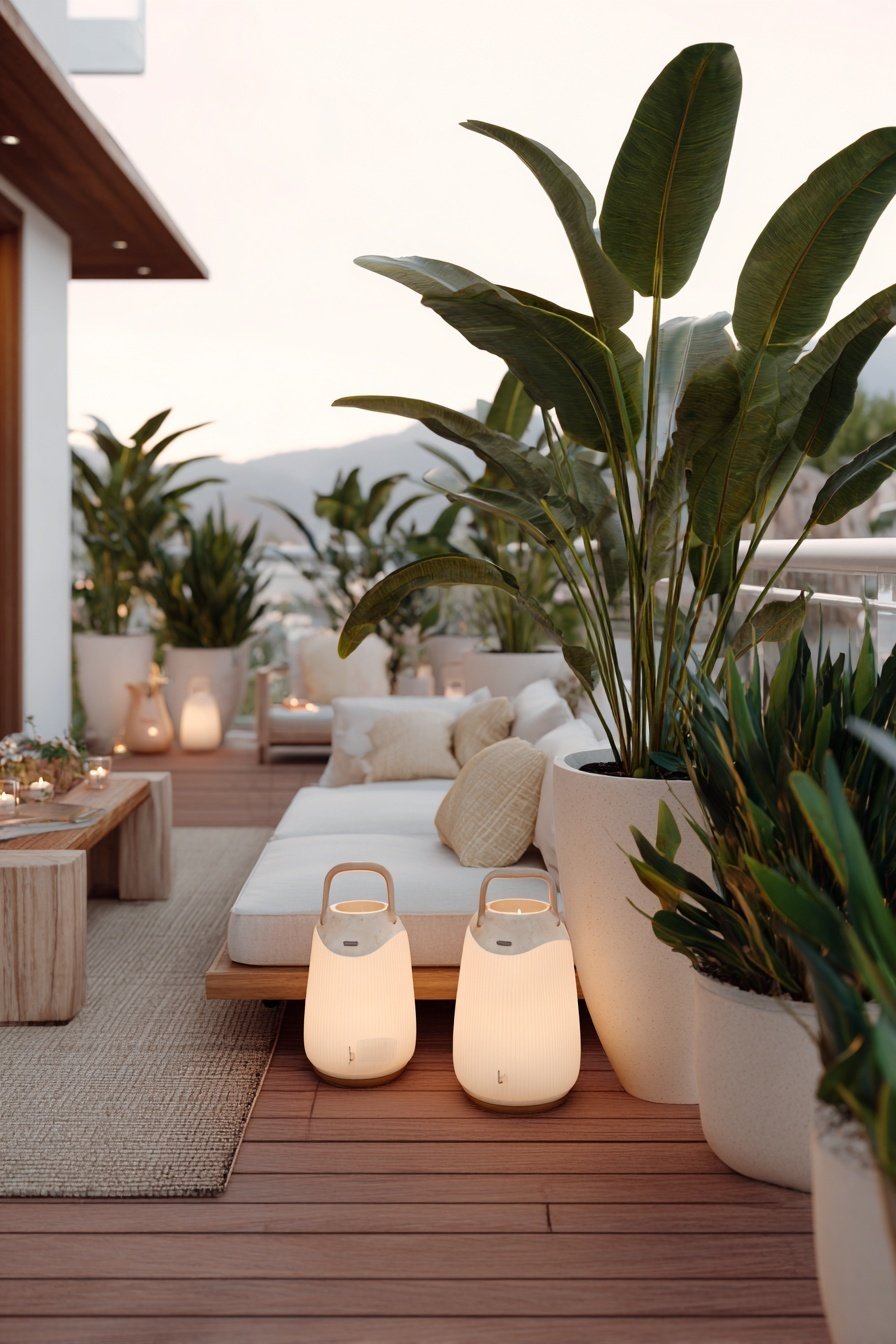 Moderner Balkon mit gemütlicher Sitzecke, Pflanzen und stimmungsvoller Beleuchtung