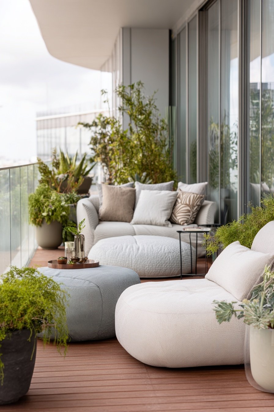 Gemütlich eingerichteter Balkon mit modernen Loungemöbeln und vielen Pflanzen