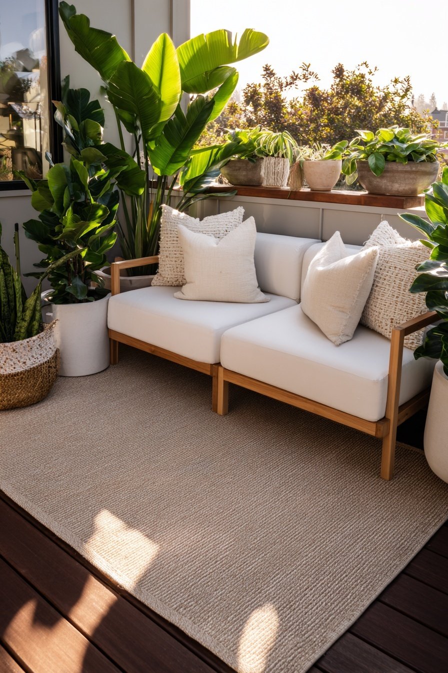 Heller Balkon mit weißen Polstermöbeln, Pflanzen und Naturteppich