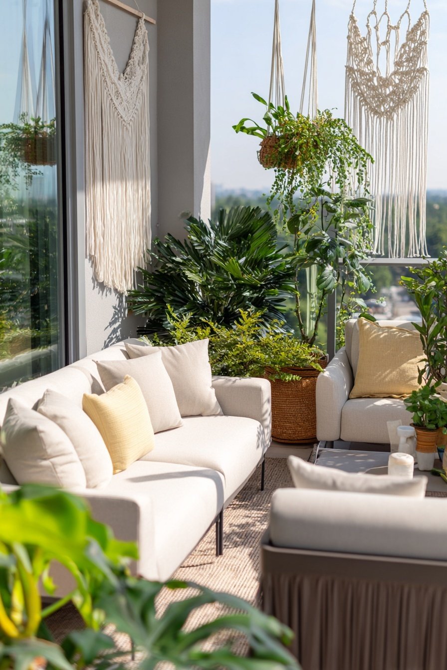 Ein stilvoll eingerichteter Balkon mit hellen Möbeln, Pflanzen und Makramee-Dekoration.