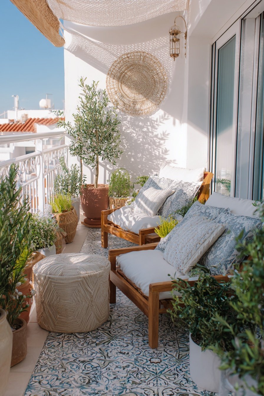 Gemütlich eingerichteter Balkon mit Holzliegen, vielen Pflanzen und mediterranem Stil