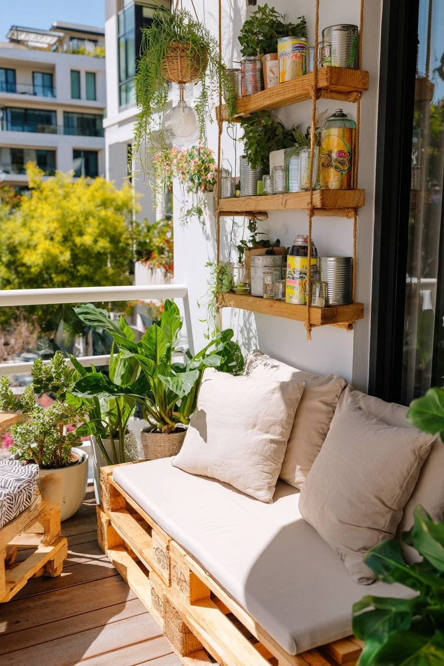 Moderner Balkon mit Palettensofa, Hängepflanzen und Dosenregal