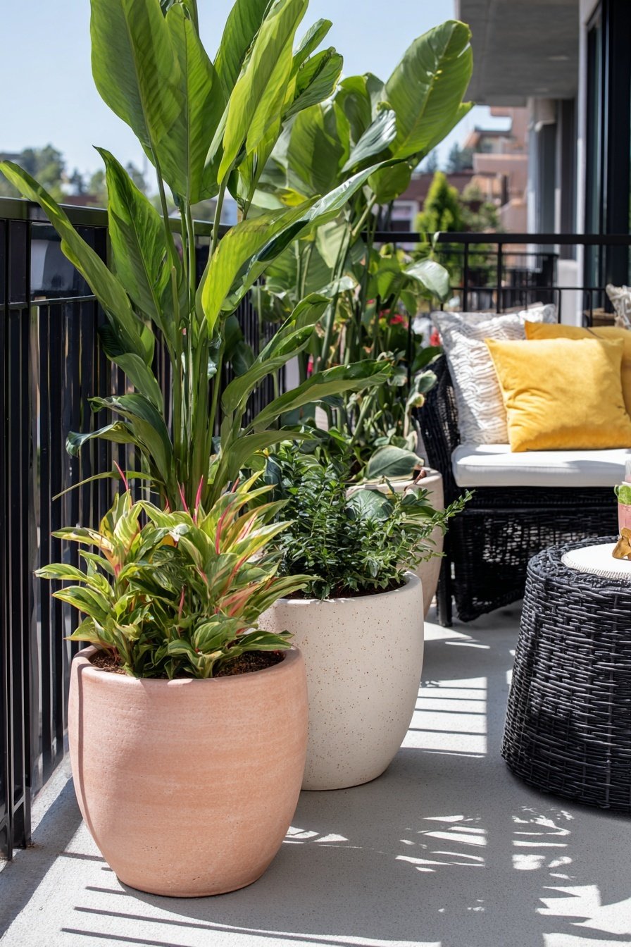 Moderne Balkongestaltung mit Pflanzen in großen Töpfen und gemütlichen Sitzmöbeln
