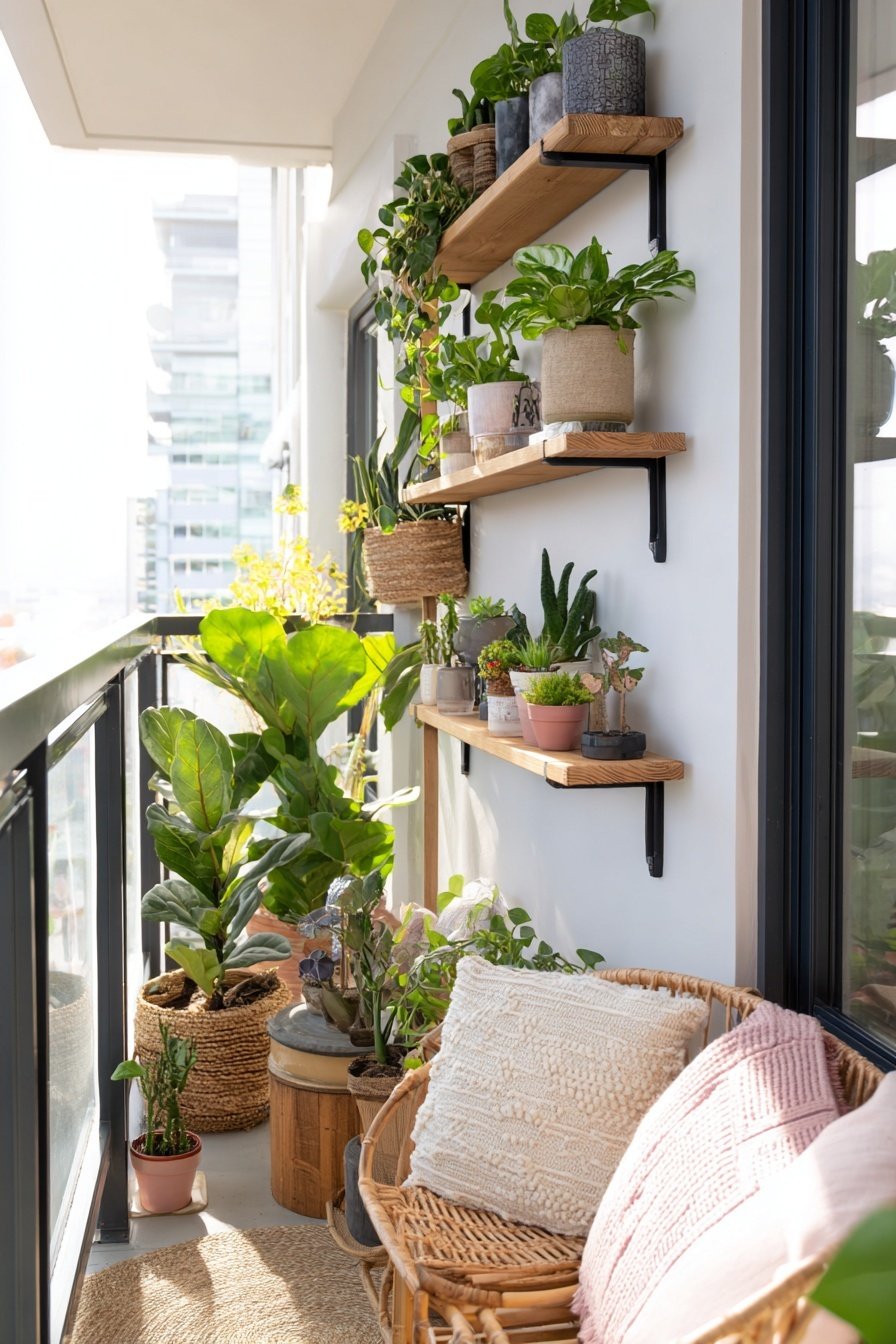Moderner Balkon mit vielen Pflanzen, Regalen und gemütlicher Sitzecke
