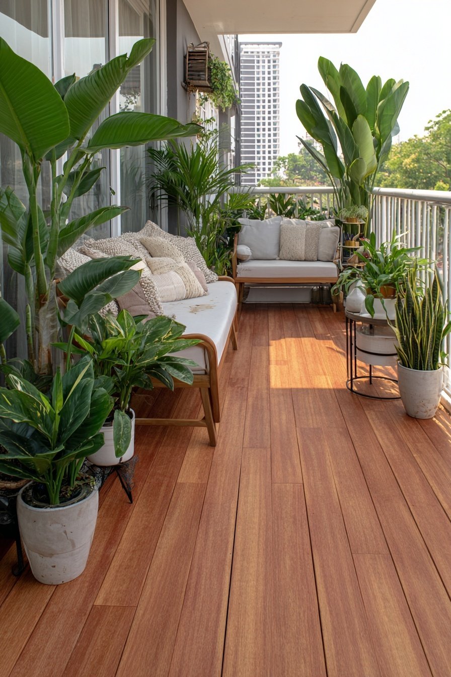 Holzboden, gemütliche Loungemöbel und viele grüne Pflanzen auf einem modernen Balkon